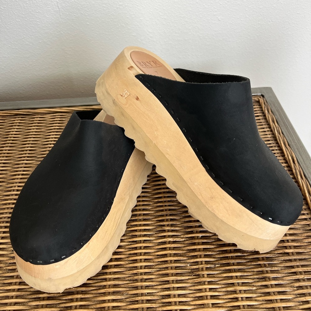Bryr Black Nubuck Mules with Wooden Platform